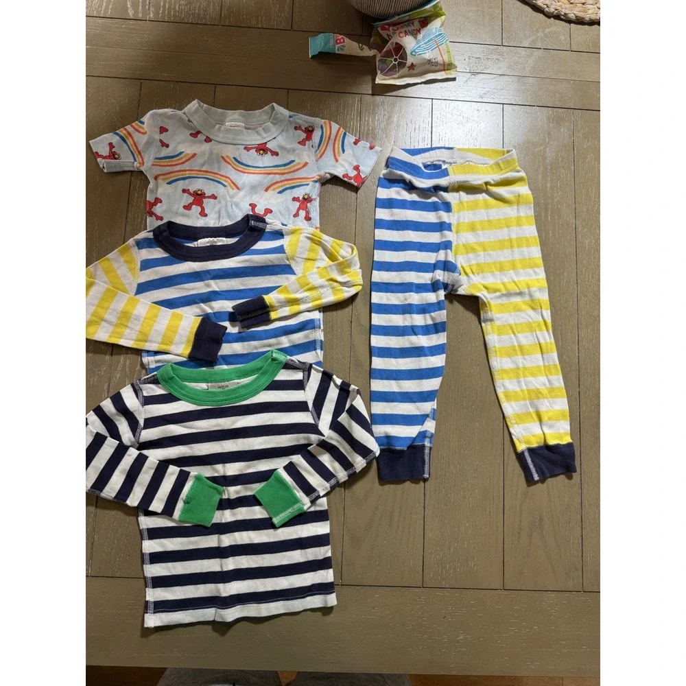 Hanna Andersson Pajamas Kids US 3 Blue Yellow Striped Elmo Sesame Street 4pc Set